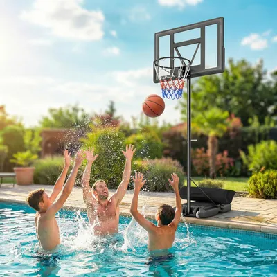 Produktbild von Basketballkorb Outdoor, höhenverstellbar 135–305 cm, Basketballständer, Stahl, Schwarz | 110 x 70 cm Rückwand | 2 Räder | 20 kg