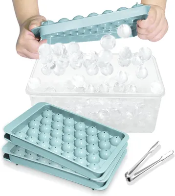 Obrázok produktu pre Forma na ľadové kocky s vekom a nádobou, 2,5 cm x 99 kusov, okrúhle ľadové kocky, nádoba na ľad bez BPA s vekom, vhodná na prípravu ľadu, koktailov, kávy a čaju (modrá)