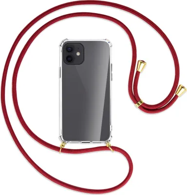 Produktbild von Handykette Backcover-Schutzhülle mit Band (Metall goldfarben) für Apple iPhone 12, 12 Pro - dunkelrot