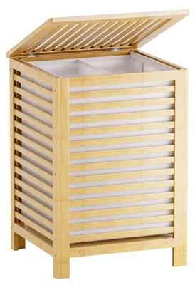 Imagen del producto de Cesta de ropa doble con tapa, de 120 litros, de bambú, con bolsas interiores extraíbles, ideal para la ropa