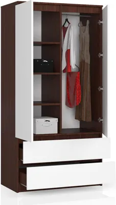 An open wardrobe with clothes hanging inside and drawers at the bottom, shown against a white background.