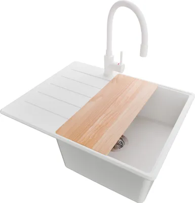 Produktbild von PRIMAGRAN Granitspüle Weiß 62x50cm, Spülbecken 1 Becken + Küchenarmatur 38x14cm + Ablauf-Set + Schneidebrett, Küchenspüle ab 45er Unterschrank - Kopenhagen