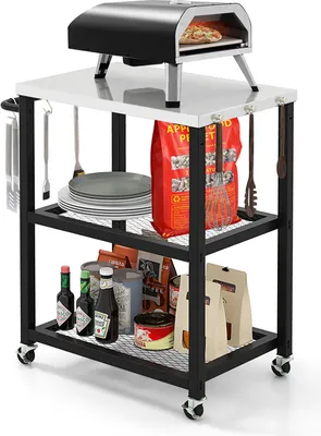 A multi-level grill cart with a pizza oven on top, stocked with various grilling accessories and food items.