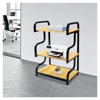 Produktbild von Druckertisch mit 3 Ebenen und einer Tragfähigkeit von 20 kg, 60 x 40 x 94 cm - Schwarz und Holzfarbe