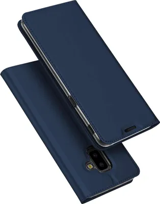 A dark blue flip case for a Samsung Galaxy J6 Plus phone is shown from a diagonal angle.