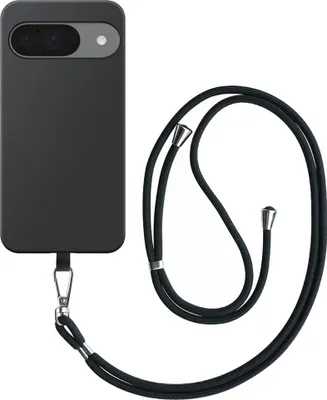 Immagine prodotto di Custodia per Google Pixel 9 Pro XL con cordino nero rimovibile - Custodia flessibile in silicone TPU con cordino nero - Nero - Smartphonics