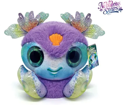 A plush toy with large eyes and colorful wings sits on a white background.