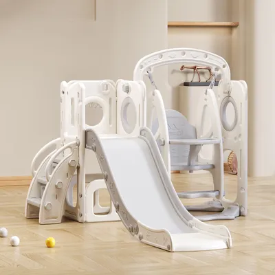 Produktbild von Merax 5 in 1 Rutsche mit Schaukeln, Basketballkorb, Stauraum und rutschfeste Leiter, Kinderrutsche Gartenrutsche aus HDPE für Kinder, Weiß
