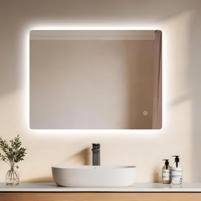 Produktbild von EMKE LED Badspiegel 80x60cm Badspiegel mit Beleuchtung Kaltweiß Lichtspiegel Badezimmerspiegel Wandspiegel mit Touchschalter + Beschlagfrei