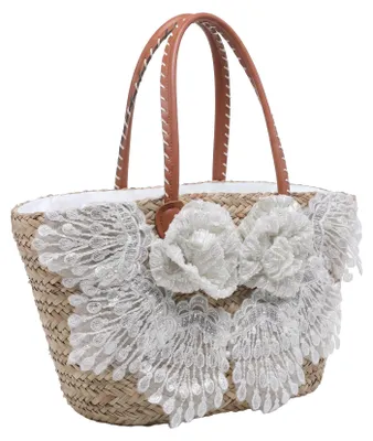 Image de Sac cabas en rotin pour femmes, modèle estival, avec anses tressées, blanc et naturel