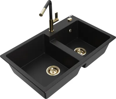 Produktbild von Mexen Tomas 2-Becken-Granitspüle mit Mischbatterie Flora, Schwarz - 6516-77-670401-57-G