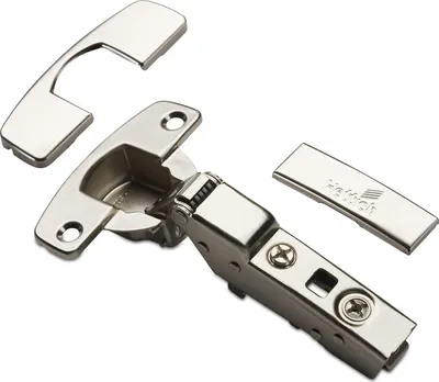A close-up studio shot of a metal hinge and its components on a white background.