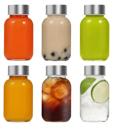 6er-Set Glasflaschen 150 ml mit Edelstahldeckel, Smoothiebecher