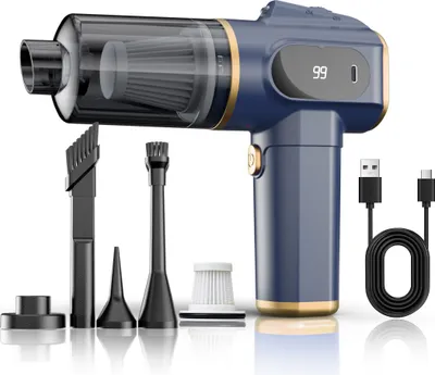A blue and gold handheld vacuum cleaner with various attachments and a USB charging cable, displayed on a white background.