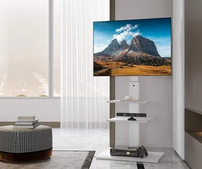 Produktbild von Famanu TV-Ständer mit Eisenfuß, 3 Ablagen für 32 bis 75 Zoll Bildschirm, kippbar, drehbar, höhenverstellbar, max. 40 kg, VESA 600x400 mm, Weiß