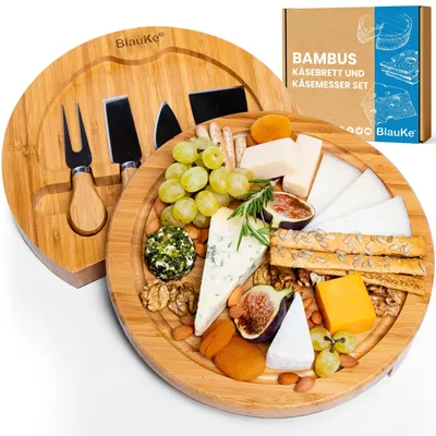 Image de Plateau à fromage en bambou avec set de couteaux à fromage - Plateau rond en bois de 25cm pour servir le fromage et les amuse-bouches - Cheese Board, Charcuterie Board - Plateau à fromage en bois