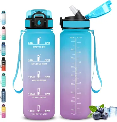 Image de Bouteille d'eau de 1 litre, avec paille, sans BPA, graduée, idéale pour le fitness et le sport