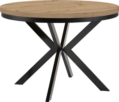 Image de Table ronde à rallonges pour la salle à manger ENDIK avec piétement à anneaux et pieds en métal, diamètre : 90 / 190 cm, couleur : chêne Artisan / noir