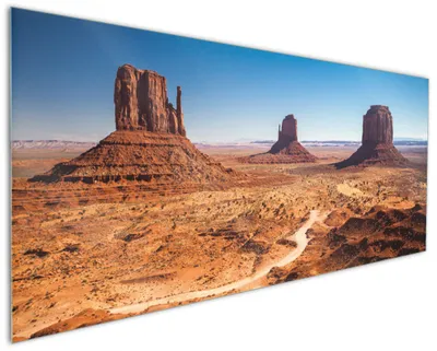 Produktbild von Wallario Küchenrückwand aus Glas, Größe: 125 x 50 cm, Motiv: Monument Valley unter blauem Himmel | Spritzschutz | abwischbar | pflegeleicht | in