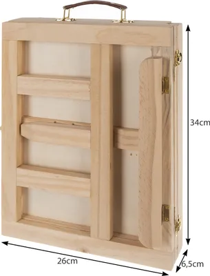A closed wooden art case, likely a portable easel and art supply kit, shown from the front with dimensions indicated.