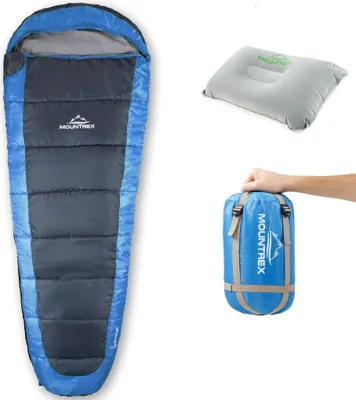 Produktbild von MOUNTREX® Schlafsack – Ultraleicht & Kompakt (850g) - Outdoor Sommerschlafsack - Mumienschlafsack (205x75cm) - Kleines Packmaß und Leicht - Jugendliche und Erwachsene + Bonus Reisekissen (Blau)