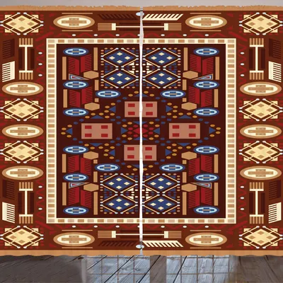 Obrázok produktu pre ARANDE afganská záclona, zemitá tónovaná blízkovýchodná orientálna folklórna ilustrácia tvarovej kompozície, 280 x 225 cm, viacfarebná