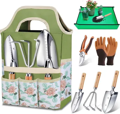 Produktbild von Gartengartengeräte-Set 7-teilig, Edelstahl, mit Tragetasche, für Pflanzenpflege