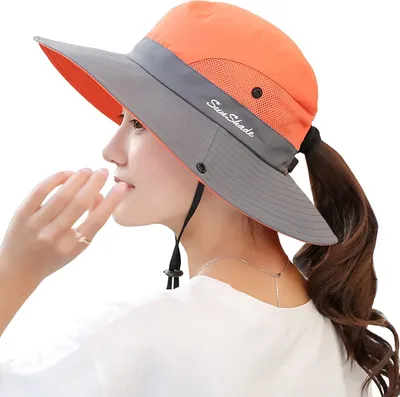 Image de ASKSA Femme Chapeau de soleil protection UV Outdoor Chapeau de randonnée pliable Chapeau de jardin avec mentonnière réglable, bicolore orange