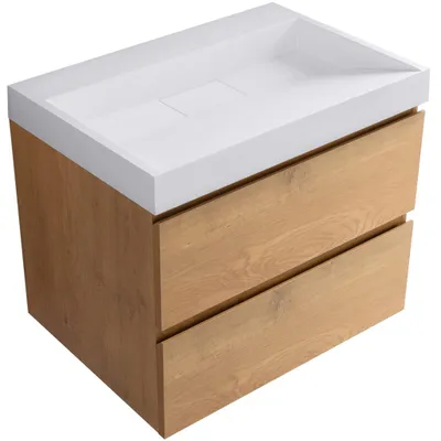 Zdjęcie produktu dla Szafka łazienkowa Carole – dąb bielony + umywalka z kompozytu mineralnego Vita – biała, matowa – 70x58x46 cm