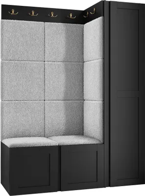 Produktbild von MIRJAN24 Garderoben-Set Orion Ramiro IX, Kleiderschrank, Schuhschrank, 2x Kleiderhakenbrett, 11x Paneel 42x42, 4 Kleiderhaken für Kleidung, Metallgriffe (Farbe: Schwarz, Abriamo 06)