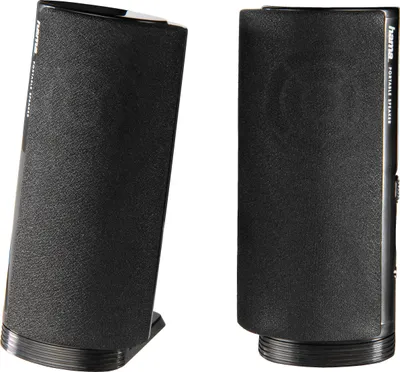Two black PC speakers are shown against a white background.