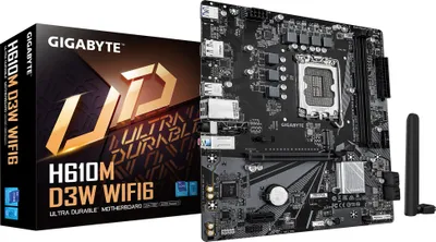 Zdjęcie produktu dla GIGABYTE H610M D3W WIFI6, Intel, LGA 1700, Intel® Celeron®, Intel Core i3 12th Gen, Intel Core i3 13th Gen, Intel Core i3 14th Gen, Intel..., LGA 1700, DDR5-SDRAM, 128 GB