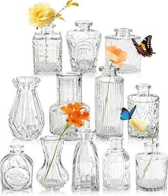 Produktbild von 12 Stück Kleine Vasen Glasvasen für Tischdeko Mini Vintage Vasen Set für Hochzeitsdeko Party Deko Geschenk