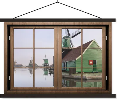 Produktbild von MuchoWow® Textilposter Aussicht - Mühle - Wasser 90x60 cm mit schwarzem Rahmen - Aufhängungssatz