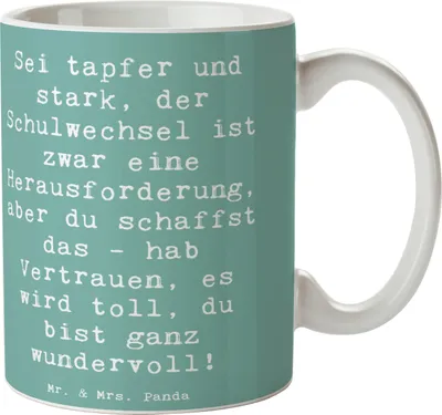 Produktbild von Mr. & Mrs. Panda Tasse Spruch Einen Schulwechsel bewältigen - Meeresbrise - Geschenk, haferl, Chance, Kinder, neue Erfahrung, Schulkind, Trost, mutig sein, Zuversicht