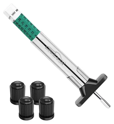 Produktbild von Reifenprofiltiefenmesser mit 4 Ventilkappen, Dualskala 0-25mm/0-32/32", farbcodiert, für PKW, LKW, Motorrad