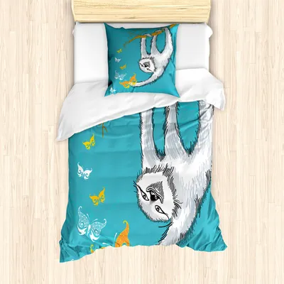 Produktbild von ABAKUHAUS Faultier Mantele, Flüchtiger Sloth Schmetterlinge, Milbensicher Allergiker geeignet mit Kissenbezügen, 135 cm x 200 cm - 80 x 80 cm, Teal Pale Grau Orange