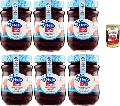 Produktbild von Hero Light Konfitüre Leichte Brotaufstriche wilde Beeren, Extra-Marmelade und Konfitüre mit hochwertigen Früchten, ohne Zuckerzusatz und sehr wenig Kalorien 6x 280 g + Italian Gourmet polpa 400g