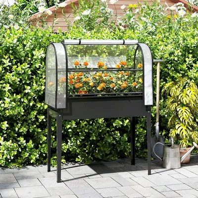 Produktbild von Hochbeet mit Gewächshaus-Aufsatz Kunststoff, Frühbeet Pflanzkasten mit Reißverschlusstür, Schwarz | 100x49x136 cm | 97 L | 59 cm Arbeitshöhe