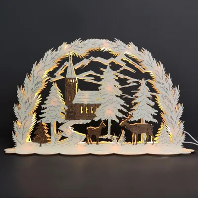 Produktbild von Beleuchtetes Holzportal mit Kirchenmotiv, furniert, 53x31x10 cm