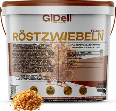 Obrázek produktu pro Karamelizovaná cibule, 20 kg. Křupavá, karamelizovaná cibule. Vhodné jako přísada do burgerů, hot dogů, hranolků a jako koření. Značka: GiDeli