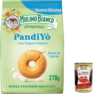 Produktbild von 12x Mulino Bianco Pandiyo Kekse ohne Zuckerzusatz mit Joghurt und Müsli cookies biscuits 270g + Italian gourmet polpa 400g