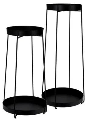 Produktbild von Blumentopfständer aus Metall in Schwarz, 2er Set - H 58 / 46 cm - Deko Blumenregal mit 2 Ablagen - Pflanzentreppe und Blumenhocker