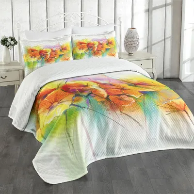 Produktbild von ABAKUHAUS Blume Tagesdecke Set, Vibrierender farbiger Herbst-Blumenstrauß mitTypen des Narzissen-wohlriechenden Bild-Druckes der Blüte, 220 x 220 cm, Mehrfarbig