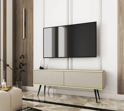 Produktbild von TV-Schrank ORO MDF 135 Beige/ Kaschmir geriffelte Fronten + Gold mit Schwarze Füße TV-Lowboard Fernsehtisch