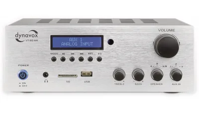 Image de Dynavox Amplificateur compact stéréo VT-80 MK, 4 connexions haut-parleurs vissables, télécommande pour entrées numériques (USB, SD-Card), antenne BT intégrée et radio FM, argenté
