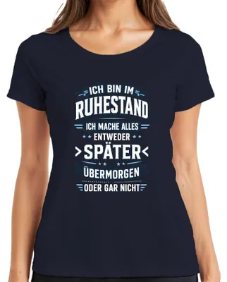 Productafbeelding van "Ik ben met pensioen," "Later," "Overmorgen," of "Statement" dames T-shirt, marineblauw, maat L