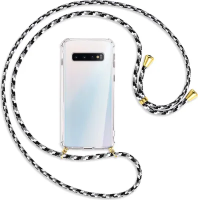 Produktbild von Handykette Backcover-Schutzhülle mit Band (Metall goldfarben) für Samsung Galaxy S10 - schwarz/grau/weiß