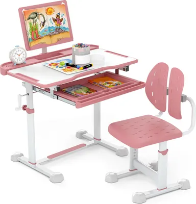 Immagine prodotto di COSTWAY scrivania per bambini con sedia, scrivania per bambini con cassetto e leggio, piano d'appoggio, scrivania per bambini per principianti da 3+, rosa