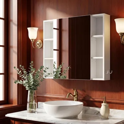 Produktbild von Spiegelschrank, Badezimmer Spiegelschrank, Wandschrank Hängeschrank mit Spiegeltüren und offenem Fach, Verstellbare Ablage, Flexibel Montierbar